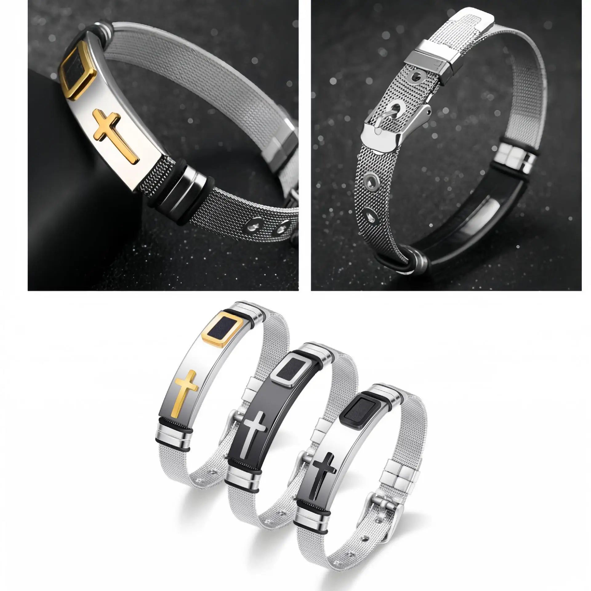 Black Gold Plated Cross Stainless Steel Bracelet for Men, Chain Jewelry Accessory, Punk Bracelets, High Quality