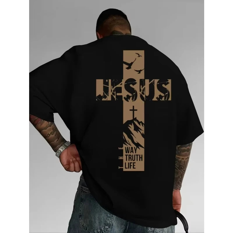 2026 Summer Christian Style Jesus Cross Pattern Printed T-shirt Men's Women's Plus Size Casual Short Sleeve Crew Neck Cotton Tee
