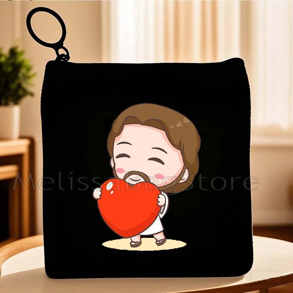 Cartoon Jesus Christ Floral Cross Love Faith Cute Christian Bible Belief Flowers Canvas Key Coin Purse Cute Bag Wallet Pouch
