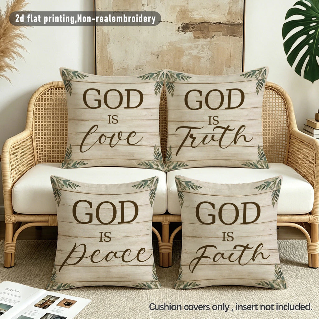 4pc Set of 4 Rustic Farmhouse Christian Quote Throw Pillow Covers  God Is Love Truth Peace Faith Decorative Cushion Cases for