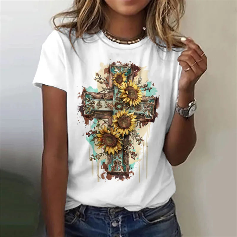 Cross Jesus Pattern T-Shirt For Women Sacred Christianity 3D Print T Shirts Summer Fashion Street Tees Short Sleeves O-Neck Tops
