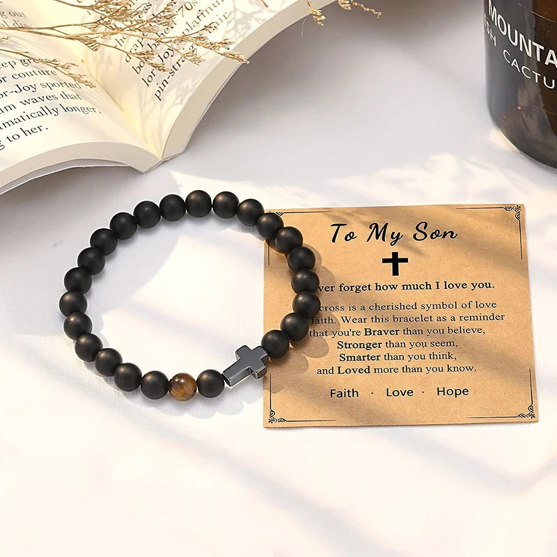 Elastic Natural Stone Beaded Cross Bracelet For Dad Godfather Husband Brother Faith Love Hope Gifts