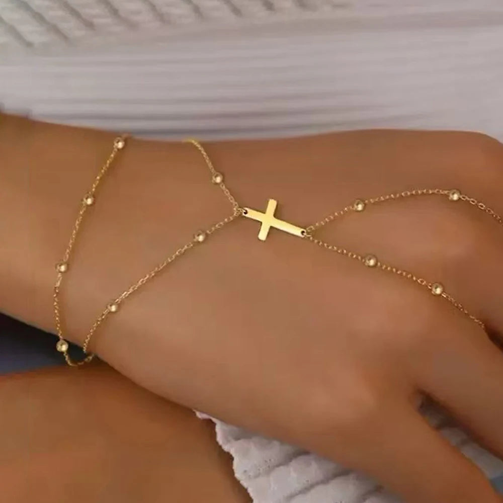 DOTIFI Stainless Steel Fashion Minimalist Double-Layer Bead Cross Pendant Bracelet For Women Geometric Finger Chain Jewellery