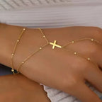 DOTIFI Stainless Steel Fashion Minimalist Double-Layer Bead Cross Pendant Bracelet For Women Geometric Finger Chain Jewellery