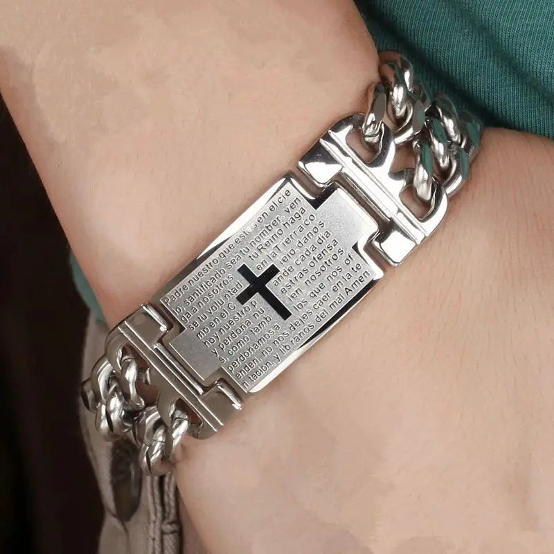 HNSP 24MM Width 316L Stainless Steel Cuban Chain Cross Bracelet For Men Jewelry Male Hand Chain Wrap Bracelets Punk Accessory