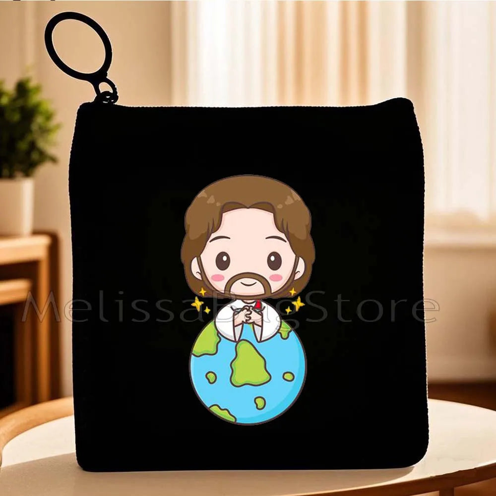 Cartoon Jesus Christ Floral Cross Love Faith Cute Christian Bible Belief Flowers Canvas Key Coin Purse Cute Bag Wallet Pouch