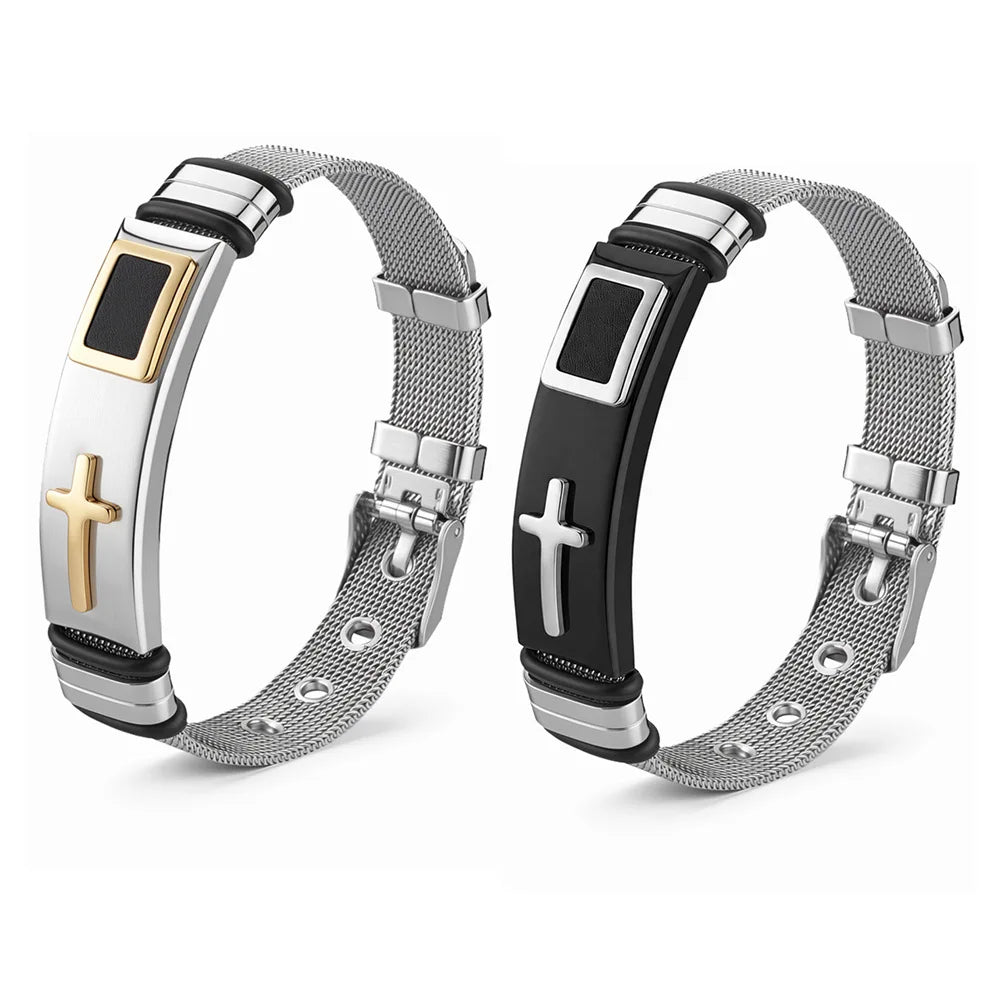 HNSP 316L Stainless Steel Cross Mesh Watch Band Bracelet, Adjustable Christian Faith Wristband, Hypoallergenic Religious Jewelry