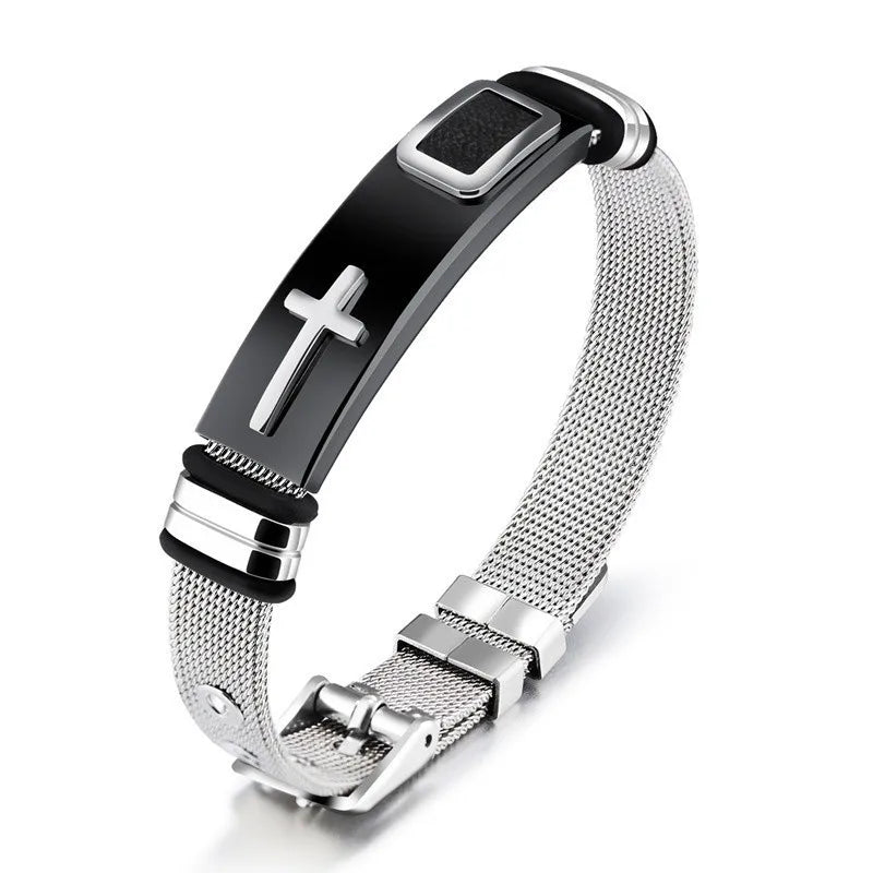 Black Gold Plated Cross Stainless Steel Bracelet for Men, Chain Jewelry Accessory, Punk Bracelets, High Quality