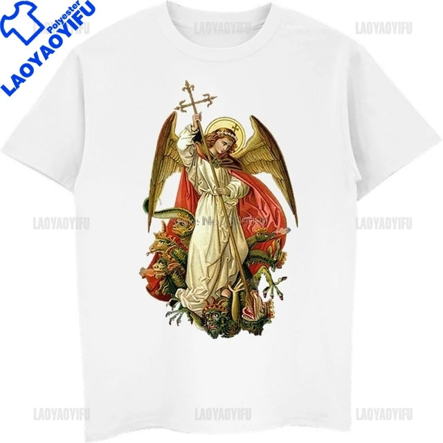 St Michael The Archangel Destroy The Devil Catholic Christians Gift Printed T Shirt Vintage Man Breathable Top Casual T-shirt