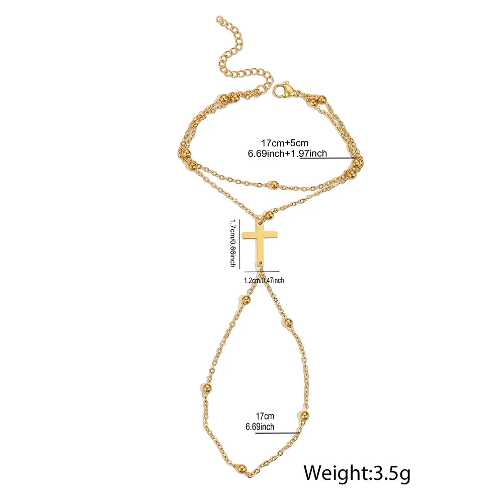DOTIFI Stainless Steel Fashion Minimalist Double-Layer Bead Cross Pendant Bracelet For Women Geometric Finger Chain Jewellery