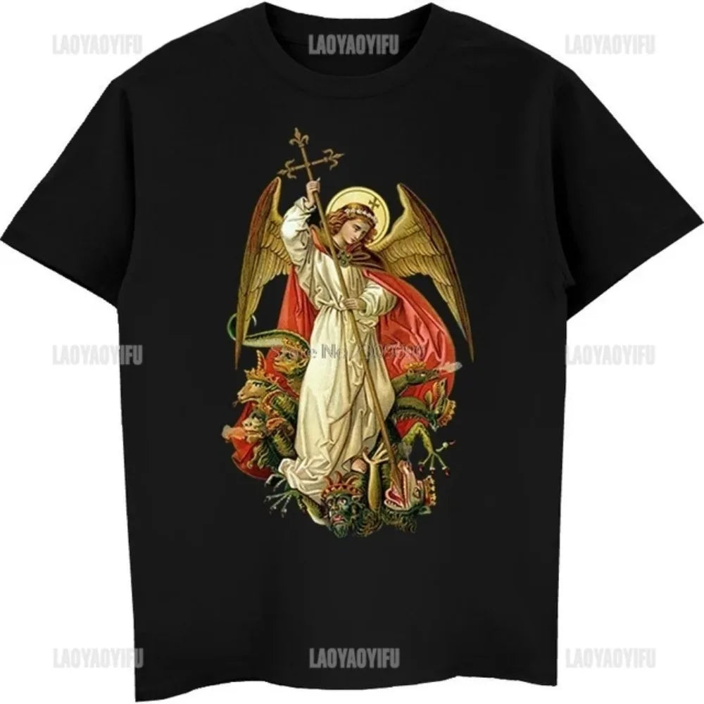St Michael The Archangel Destroy The Devil Catholic Christians Gift Printed T Shirt Vintage Man Breathable Top Casual T-shirt