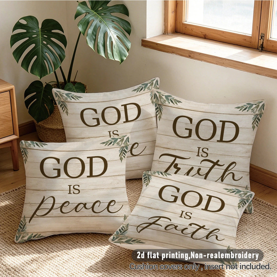 4pc Set of 4 Rustic Farmhouse Christian Quote Throw Pillow Covers  God Is Love Truth Peace Faith Decorative Cushion Cases for