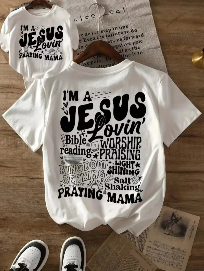 Christian Mama T-shirt "Jesus Lovin' Praying Mama" Religious Word Art Graphic Short Sleeve