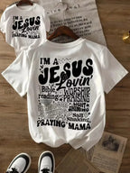 Christian Mama T-shirt "Jesus Lovin' Praying Mama" Religious Word Art Graphic Short Sleeve
