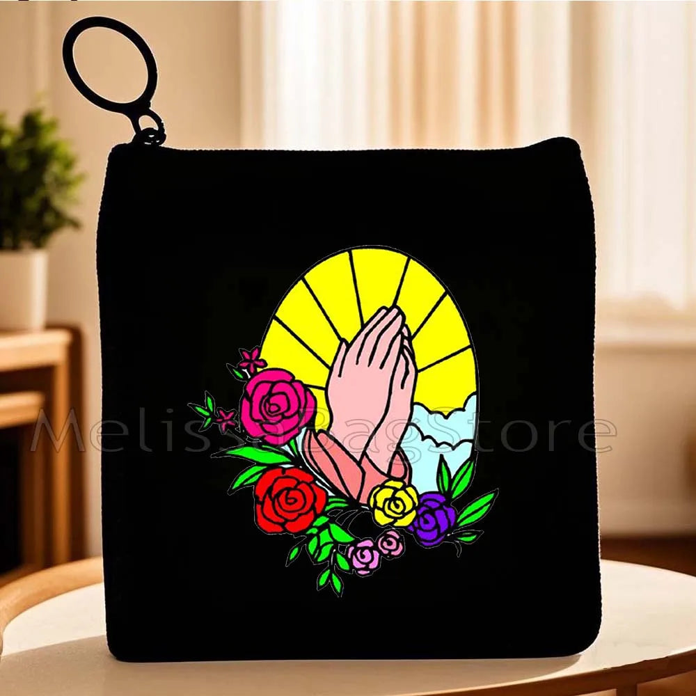 Cartoon Jesus Christ Floral Cross Love Faith Cute Christian Bible Belief Flowers Canvas Key Coin Purse Cute Bag Wallet Pouch