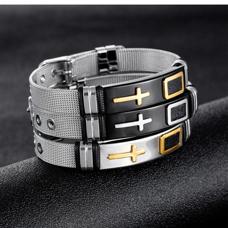 Black Gold Plated Cross Stainless Steel Bracelet for Men, Chain Jewelry Accessory, Punk Bracelets, High Quality