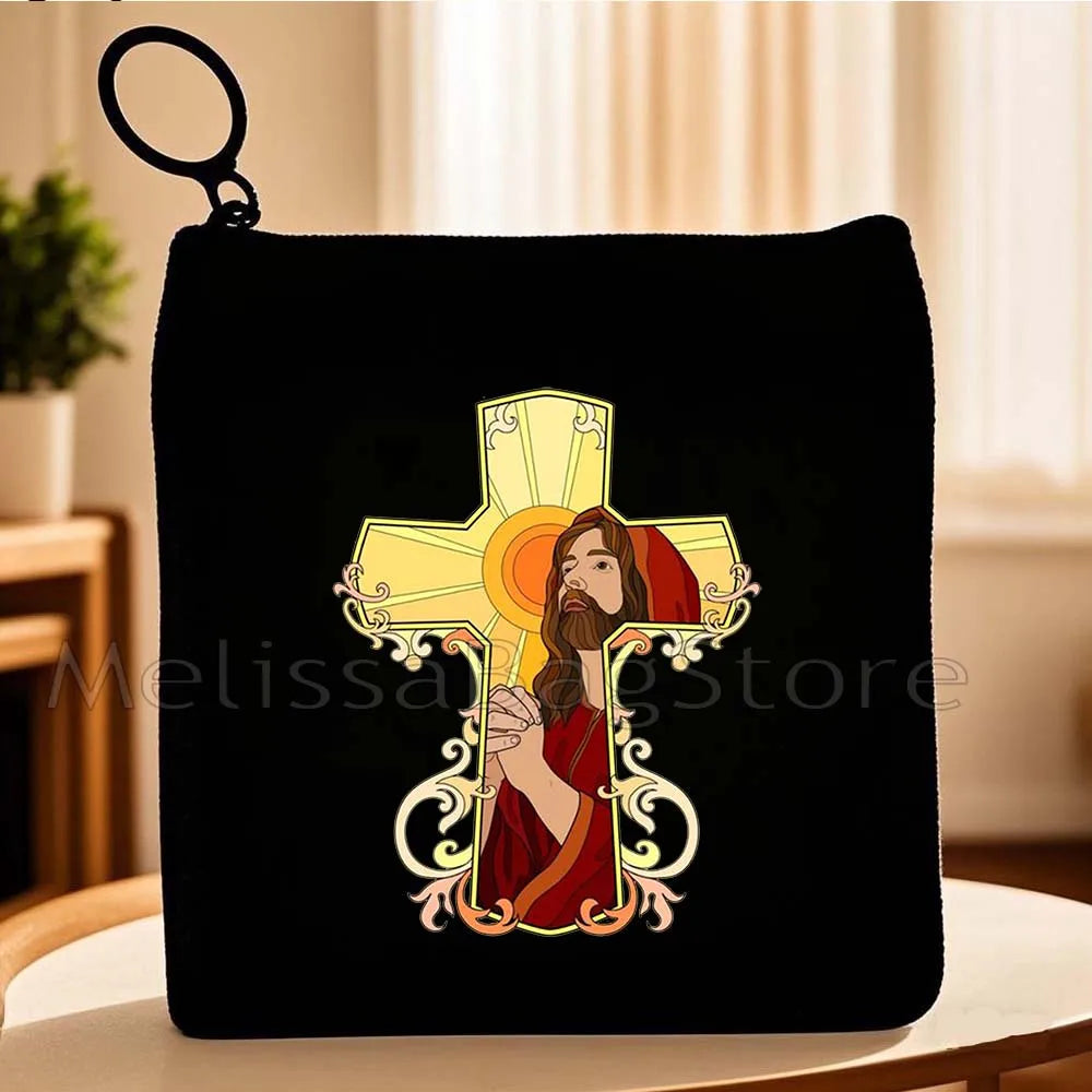 Cartoon Jesus Christ Floral Cross Love Faith Cute Christian Bible Belief Flowers Canvas Key Coin Purse Cute Bag Wallet Pouch