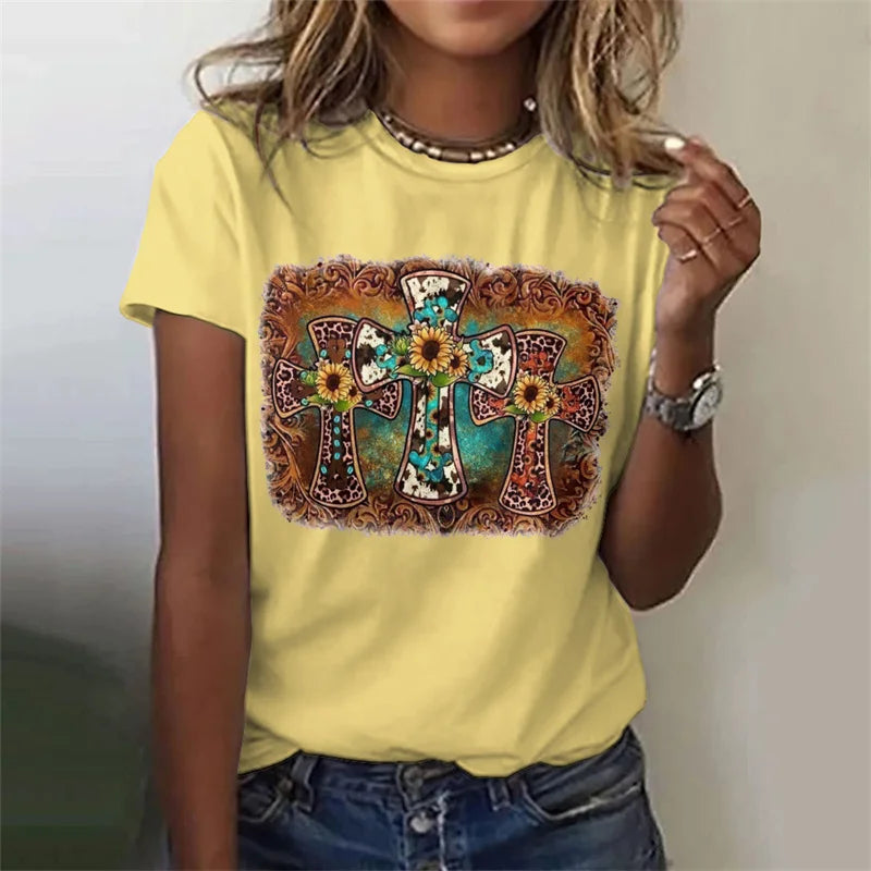 Cross Jesus Pattern T-Shirt For Women Sacred Christianity 3D Print T Shirts Summer Fashion Street Tees Short Sleeves O-Neck Tops