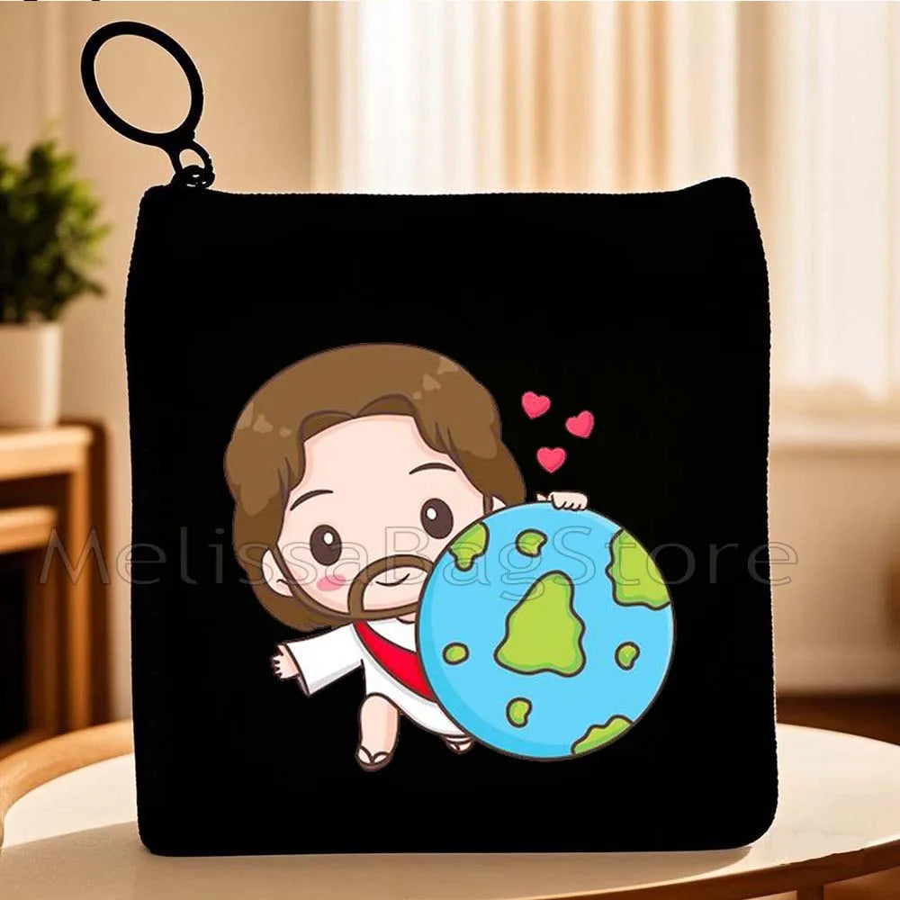 Cartoon Jesus Christ Floral Cross Love Faith Cute Christian Bible Belief Flowers Canvas Key Coin Purse Cute Bag Wallet Pouch