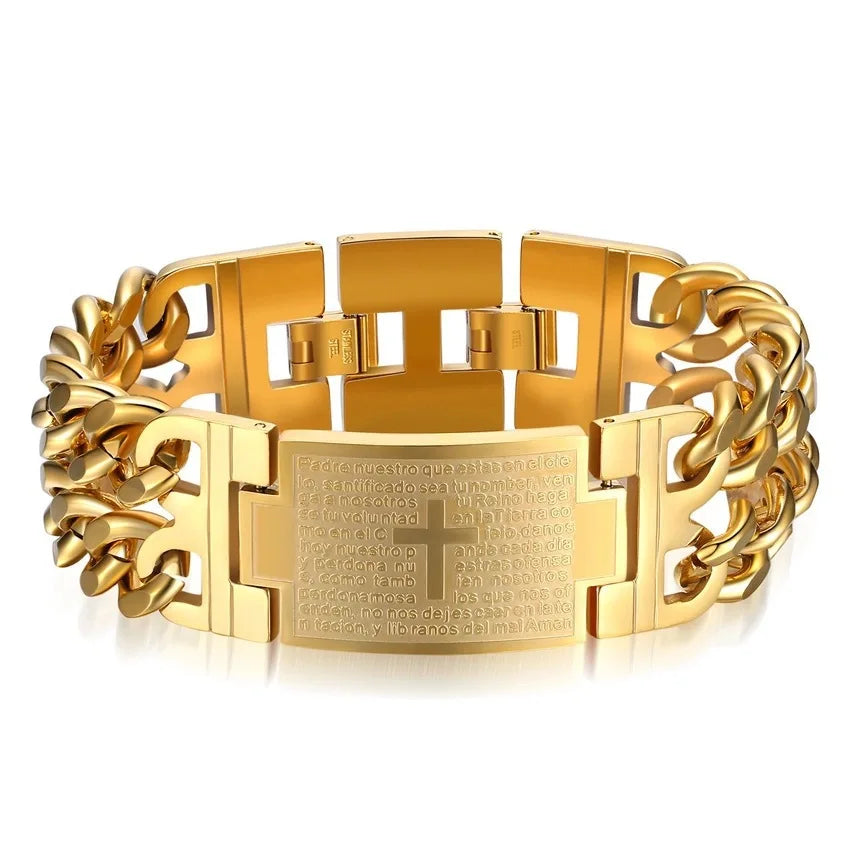 HNSP 24MM Width 316L Stainless Steel Cuban Chain Cross Bracelet For Men Jewelry Male Hand Chain Wrap Bracelets Punk Accessory