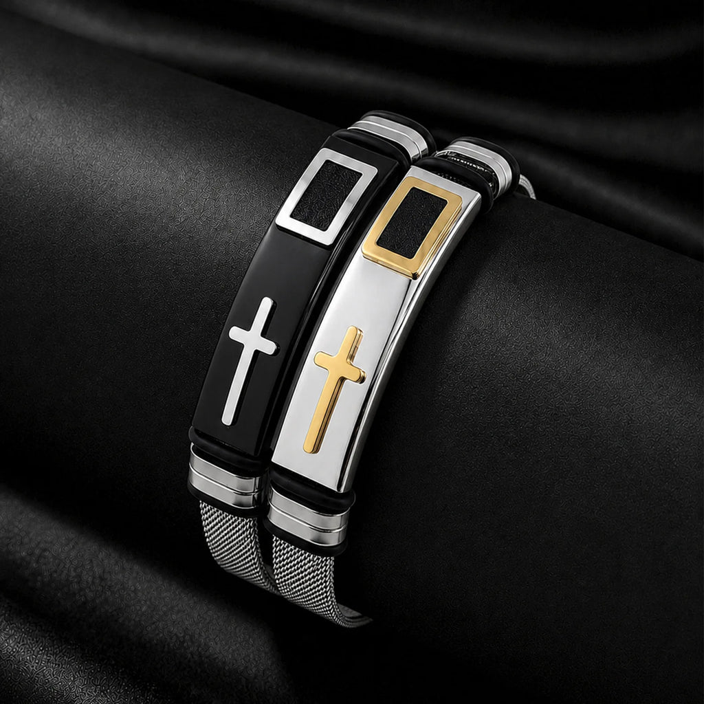 HNSP 316L Stainless Steel Cross Mesh Watch Band Bracelet, Adjustable Christian Faith Wristband, Hypoallergenic Religious Jewelry