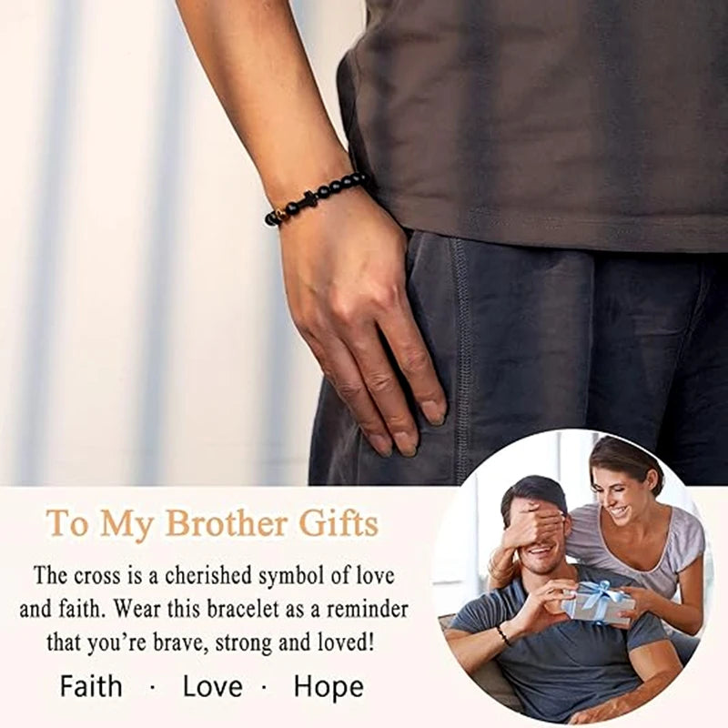 Elastic Natural Stone Beaded Cross Bracelet For Dad Godfather Husband Brother Faith Love Hope Gifts
