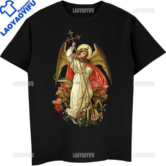 St Michael The Archangel Destroy The Devil Catholic Christians Gift Printed T Shirt Vintage Man Breathable Top Casual T-shirt