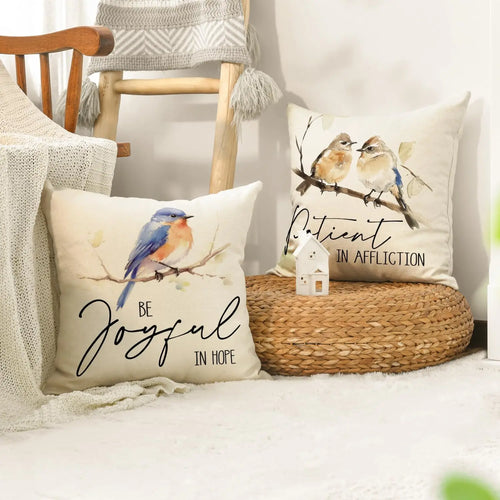 4Pcs Christian Bird Pillow Covers with "Be Joyful" Quote Design, featuring Watercolor Art for Religious Home Couch Decoration