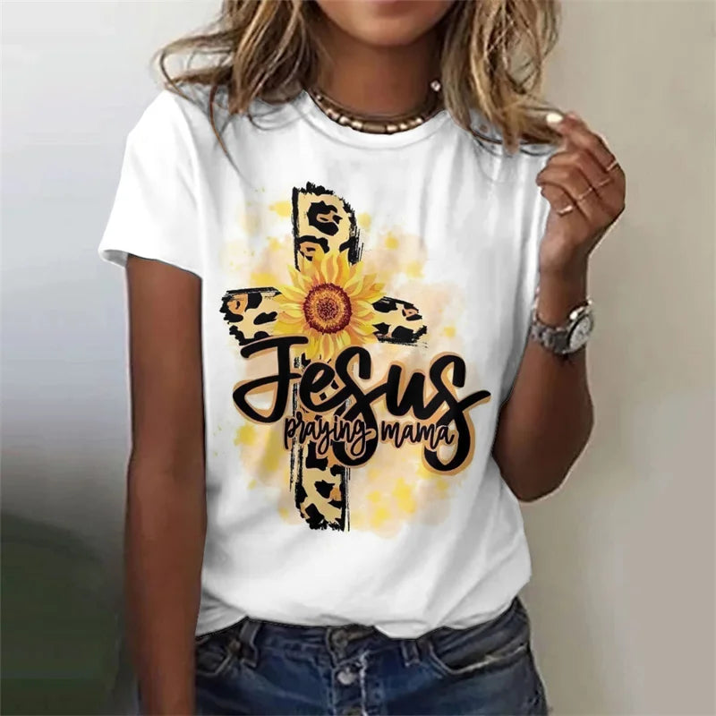 Cross Jesus Pattern T-Shirt For Women Sacred Christianity 3D Print T Shirts Summer Fashion Street Tees Short Sleeves O-Neck Tops