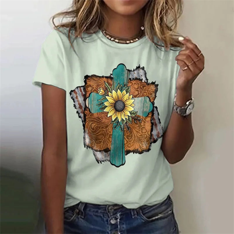 Cross Jesus Pattern T-Shirt For Women Sacred Christianity 3D Print T Shirts Summer Fashion Street Tees Short Sleeves O-Neck Tops