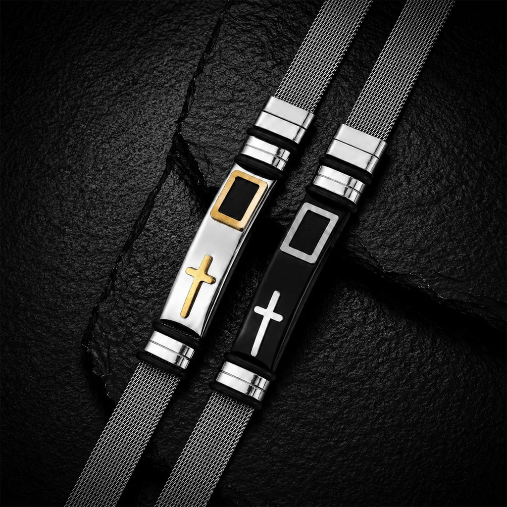HNSP 316L Stainless Steel Cross Mesh Watch Band Bracelet, Adjustable Christian Faith Wristband, Hypoallergenic Religious Jewelry