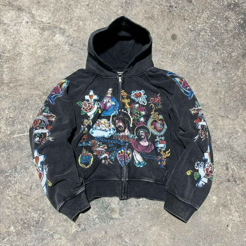 Trendy Y2K unisex Street Black Zip Up Hoodie Unisex with Religious Pattern Multi Element Print for Niche Youth Express Personality