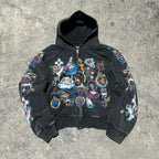 Trendy Y2K unisex Street Black Zip Up Hoodie Unisex with Religious Pattern Multi Element Print for Niche Youth Express Personality