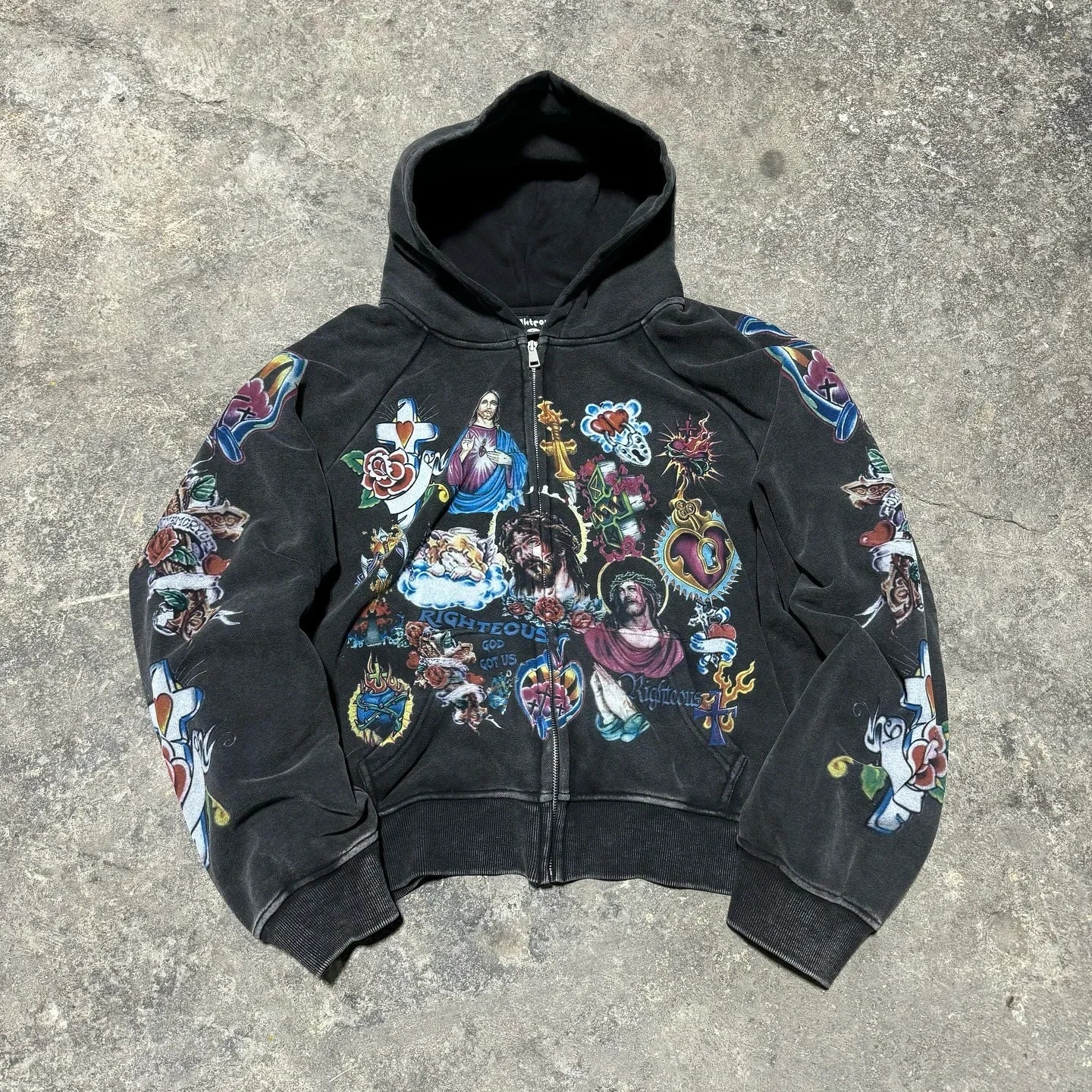 Trendy Y2K unisex Street Black Zip Up Hoodie Unisex with Religious Pattern Multi Element Print for Niche Youth Express Personality