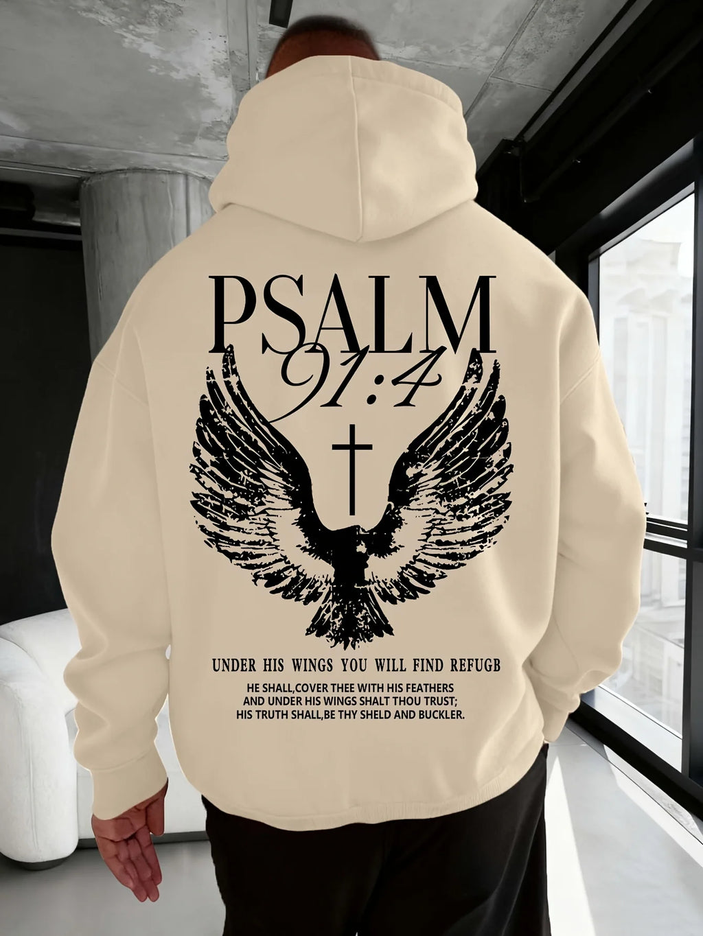 Christian Bible Verse Psalm 91:4 Print Men Women Hooded Sweatshirt Autumn Winter Outdoor Vacation Casual Loose Warm Sportswear