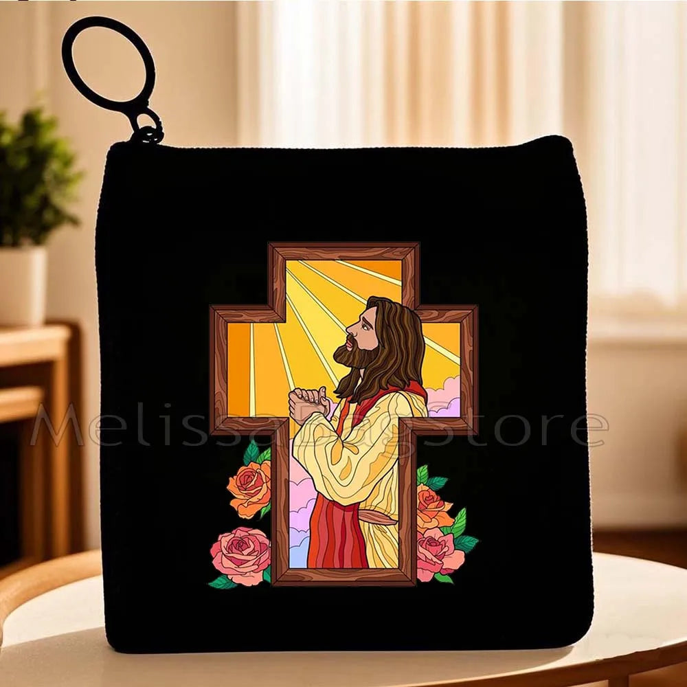 Cartoon Jesus Christ Floral Cross Love Faith Cute Christian Bible Belief Flowers Canvas Key Coin Purse Cute Bag Wallet Pouch