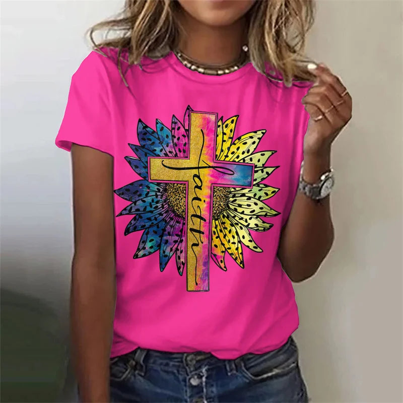 Cross Jesus Pattern T-Shirt For Women Sacred Christianity 3D Print T Shirts Summer Fashion Street Tees Short Sleeves O-Neck Tops