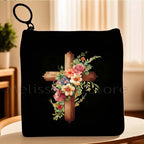 Cartoon Jesus Christ Floral Cross Love Faith Cute Christian Bible Belief Flowers Canvas Key Coin Purse Cute Bag Wallet Pouch