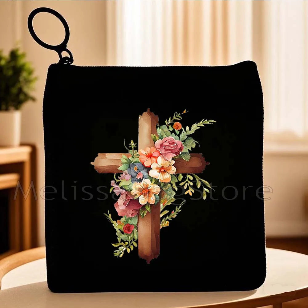 Cartoon Jesus Christ Floral Cross Love Faith Cute Christian Bible Belief Flowers Canvas Key Coin Purse Cute Bag Wallet Pouch