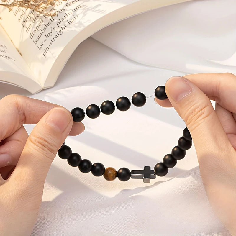 Elastic Natural Stone Beaded Cross Bracelet For Dad Godfather Husband Brother Faith Love Hope Gifts