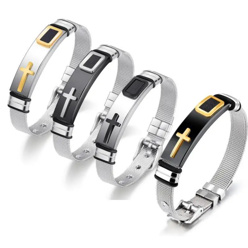 Black Gold Plated Cross Stainless Steel Bracelet for Men, Chain Jewelry Accessory, Punk Bracelets, High Quality
