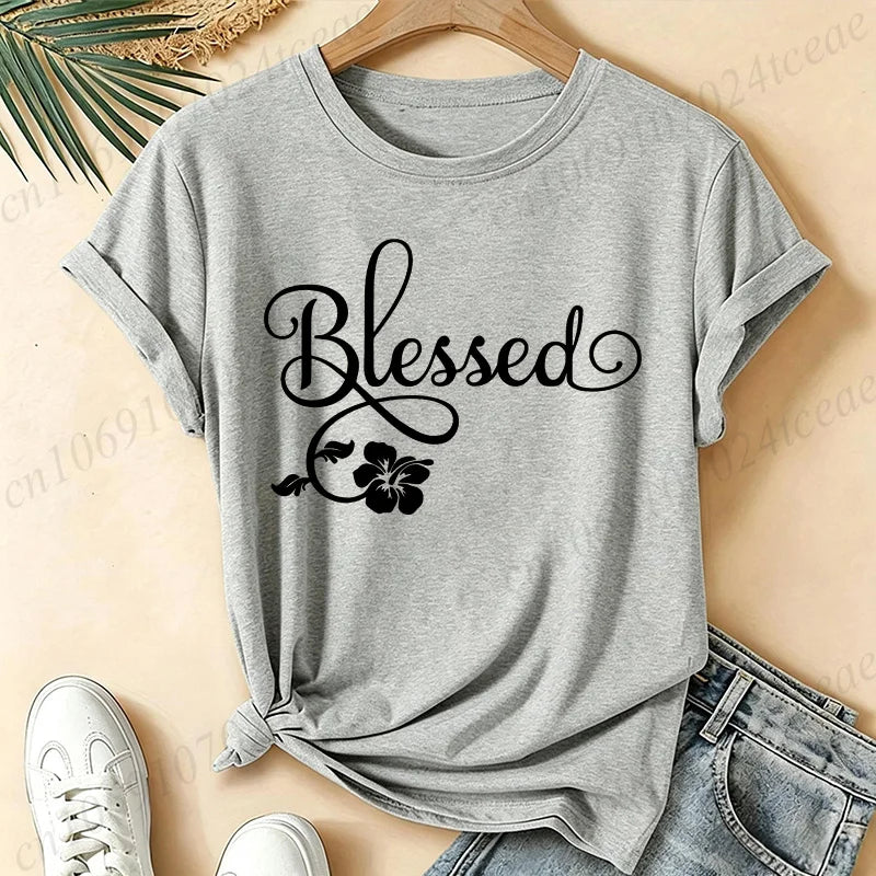 Women Blessed Floral Graphic T Shirt Tee Religious Faith Inspirational Quote T-Shirts Loose Short Sleeve Casual Tee Tops Gifts
