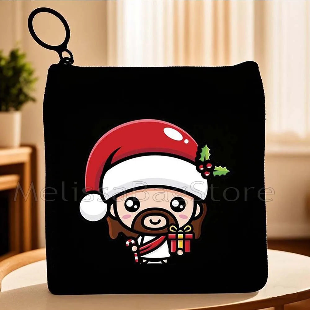 Cartoon Jesus Christ Floral Cross Love Faith Cute Christian Bible Belief Flowers Canvas Key Coin Purse Cute Bag Wallet Pouch
