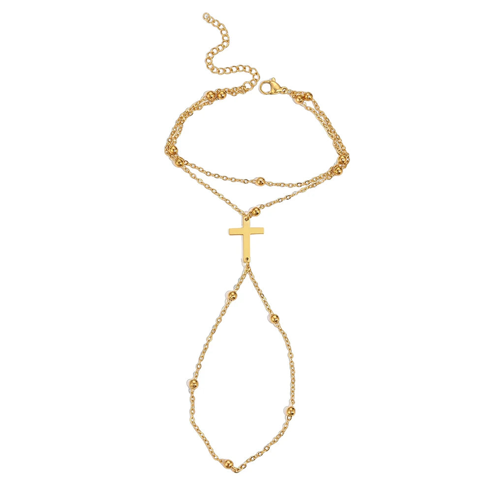 DOTIFI Stainless Steel Fashion Minimalist Double-Layer Bead Cross Pendant Bracelet For Women Geometric Finger Chain Jewellery