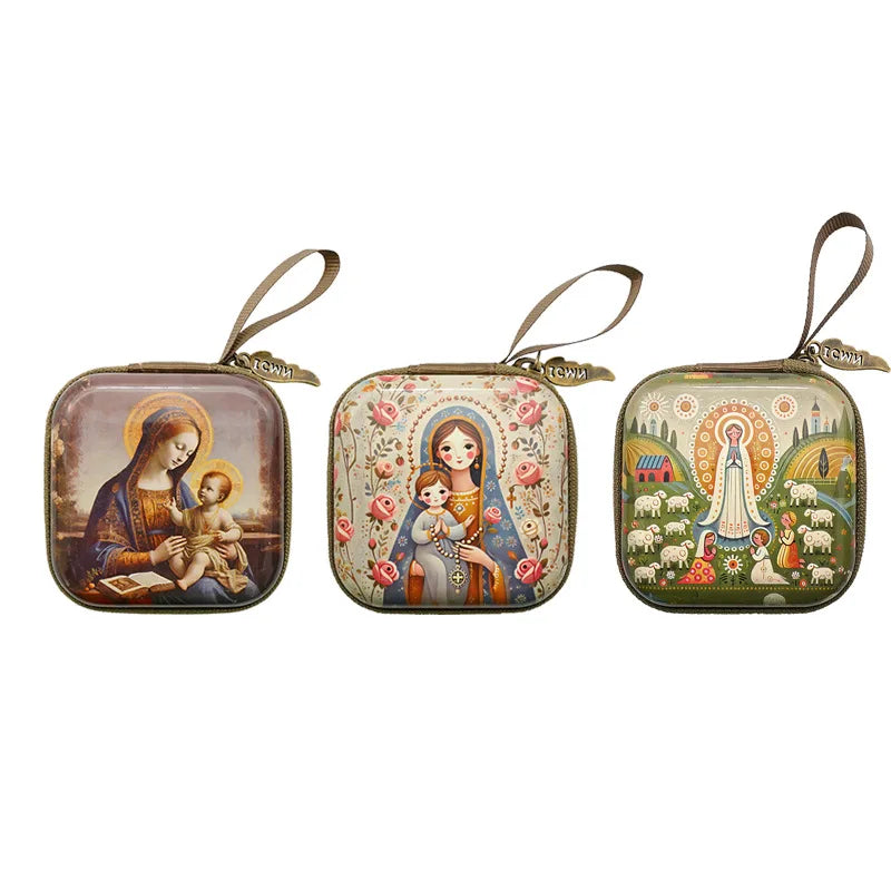 Virgin Mary Jesus Prayer Rosary Bag Religious Jewelry Storage Box Prayer Beads Rosary Box Christian Gifts 7x7cm
