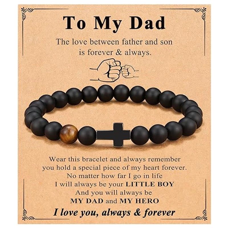 Elastic Natural Stone Beaded Cross Bracelet For Dad Godfather Husband Brother Faith Love Hope Gifts