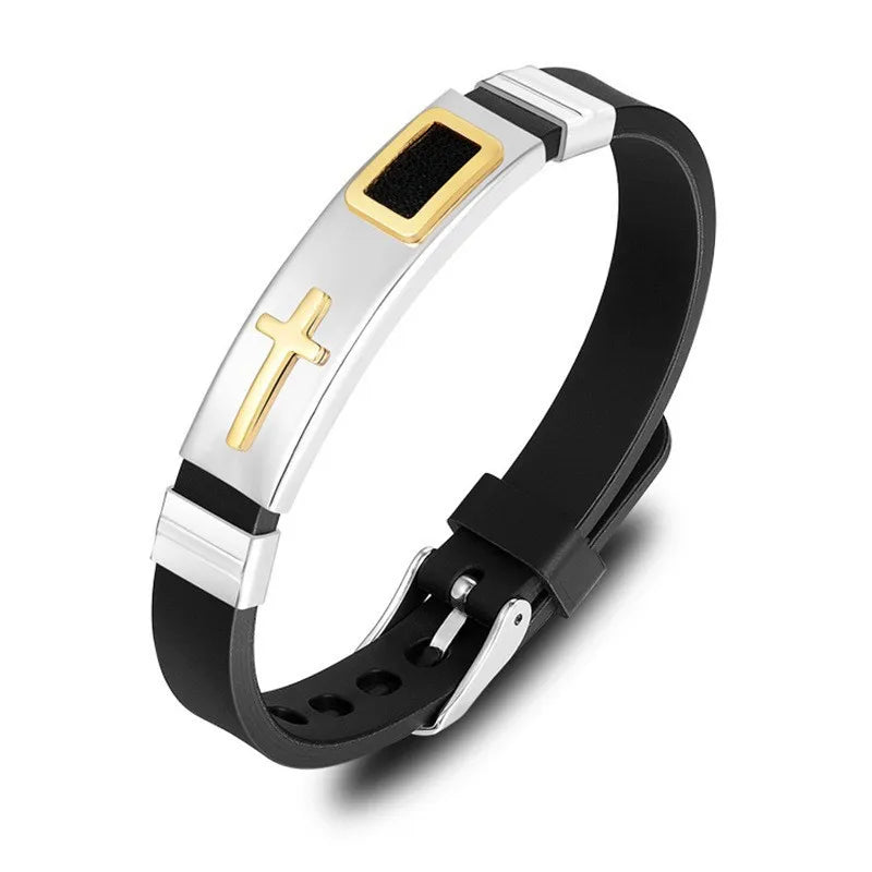 Black Gold Plated Cross Stainless Steel Bracelet for Men, Chain Jewelry Accessory, Punk Bracelets, High Quality