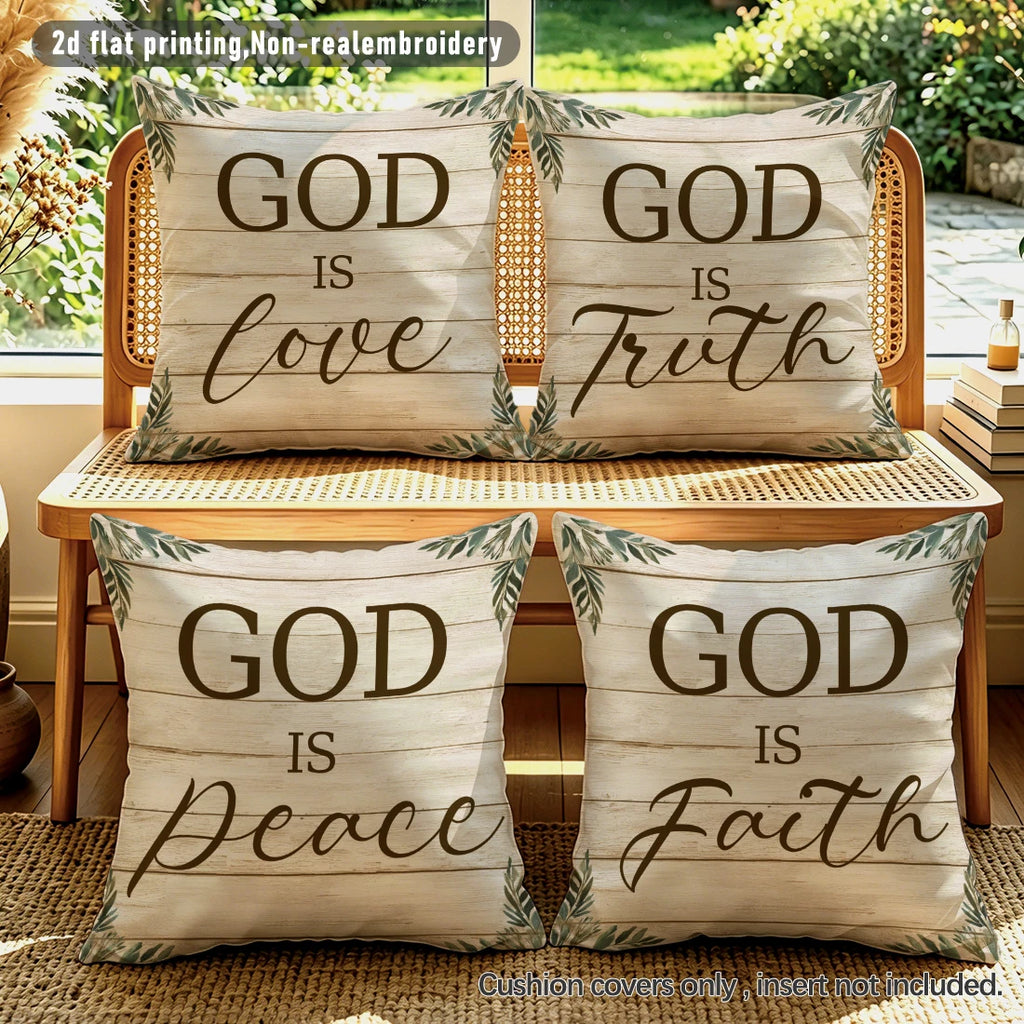 4pc Set of 4 Rustic Farmhouse Christian Quote Throw Pillow Covers  God Is Love Truth Peace Faith Decorative Cushion Cases for