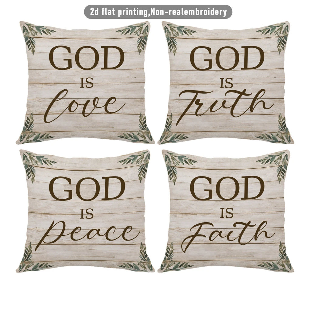 4pc Set of 4 Rustic Farmhouse Christian Quote Throw Pillow Covers  God Is Love Truth Peace Faith Decorative Cushion Cases for