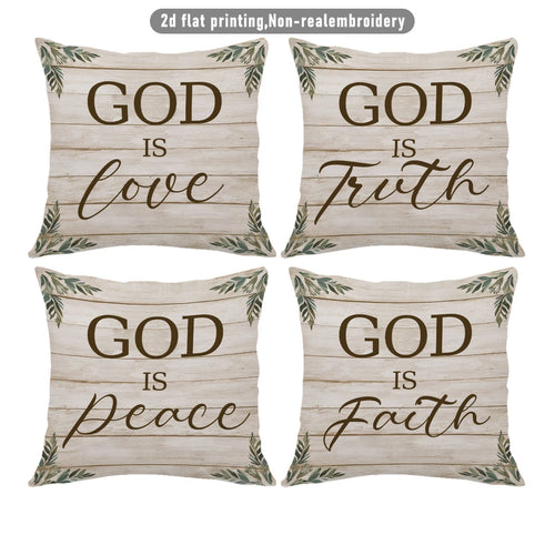 4pc Set of 4 Rustic Farmhouse Christian Quote Throw Pillow Covers  God Is Love Truth Peace Faith Decorative Cushion Cases for